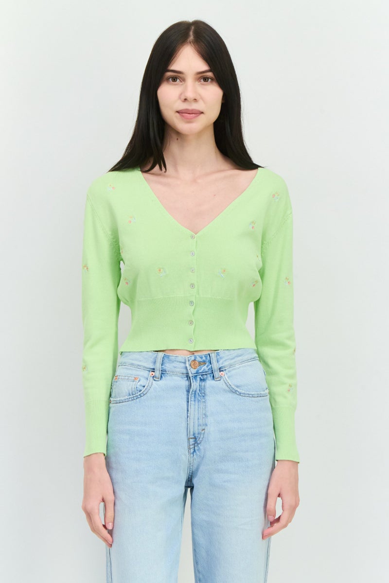 RAGA Women V-Neck Allover Print Cardigan, Green - Image 1
